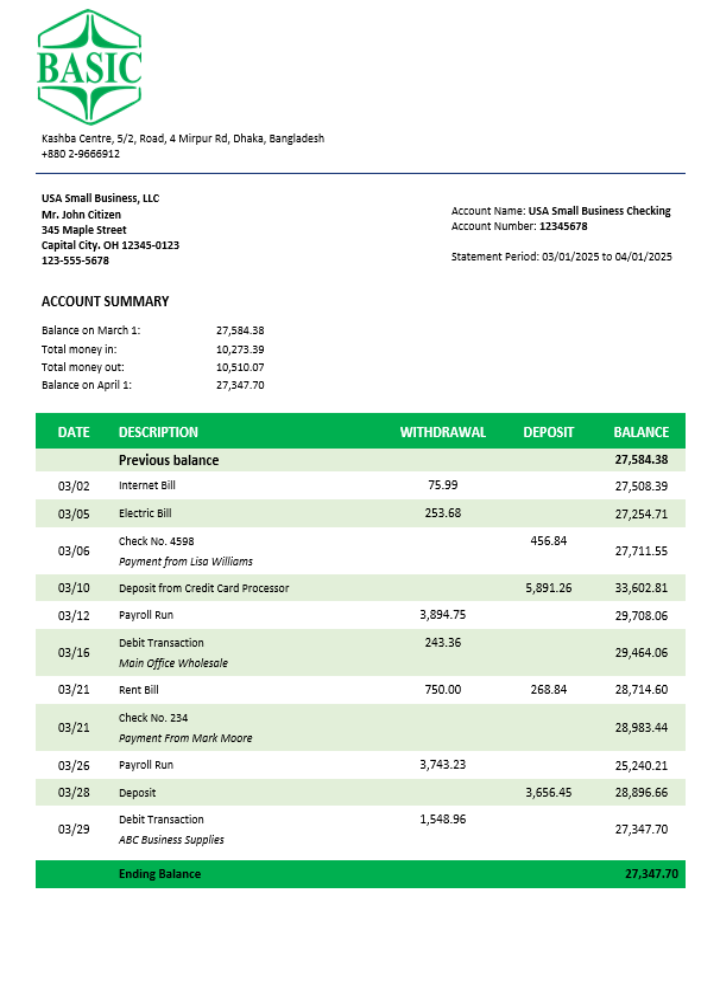 Modèle Word et PDF de relevé de compte d'entreprise de la Banque de base